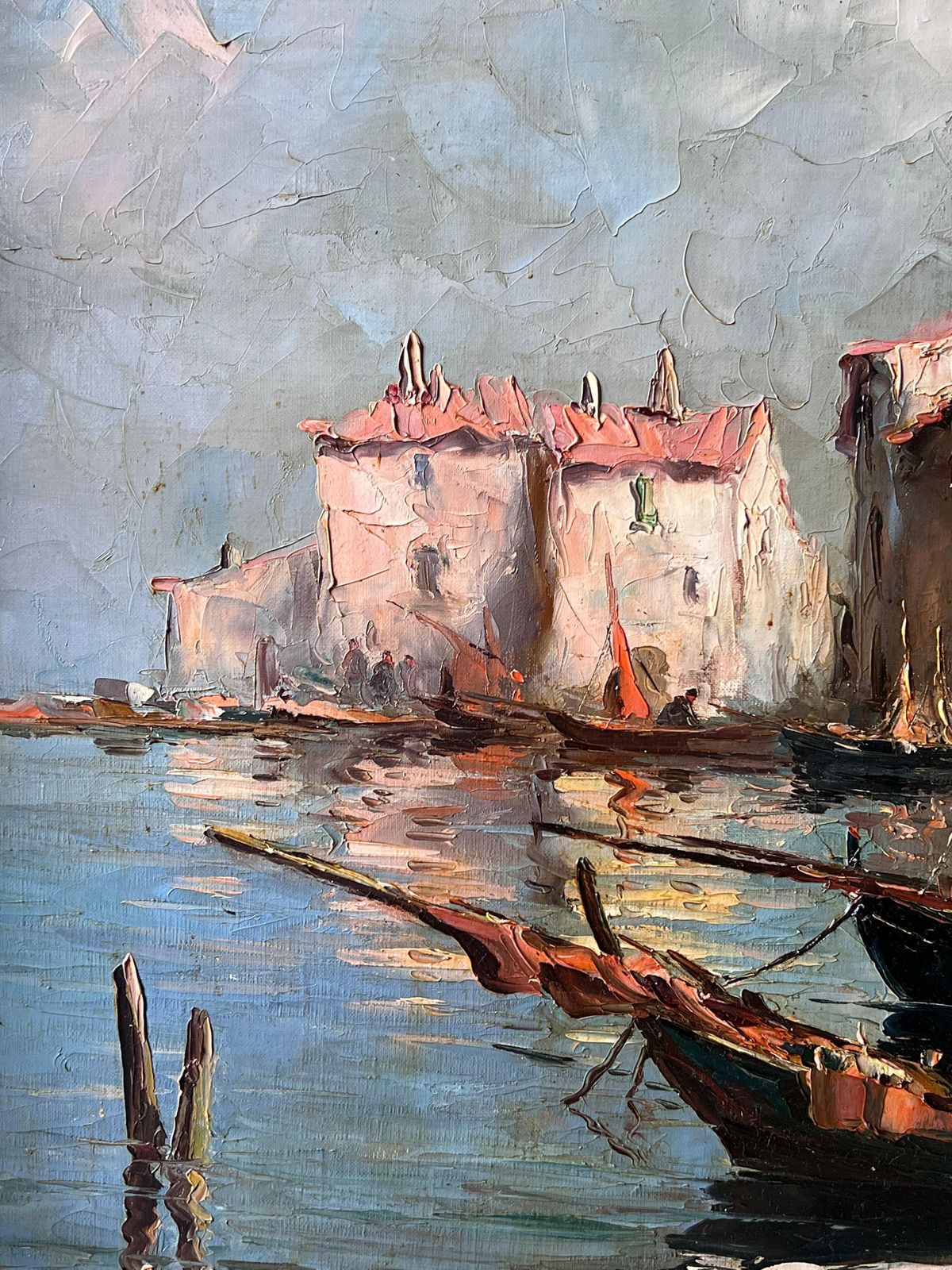 Antique Frenchvintage French Signed Oil Painting Sleepy Boats In Mediterranean Fishing Harbor photo buy
