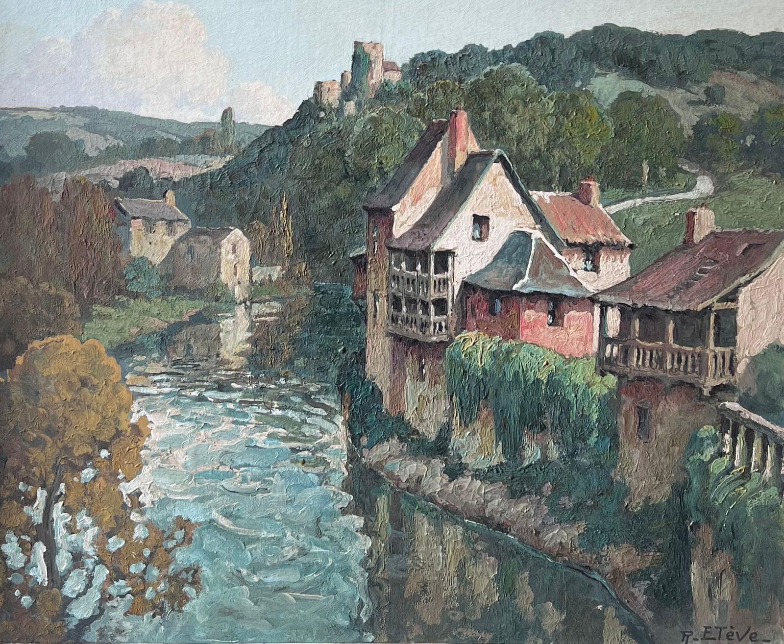 Félix Raoul Eteve French, 1902 1967 Fine Quality 20th Century French Signed Oil Painting Sleepy Old Town On River photo furniture