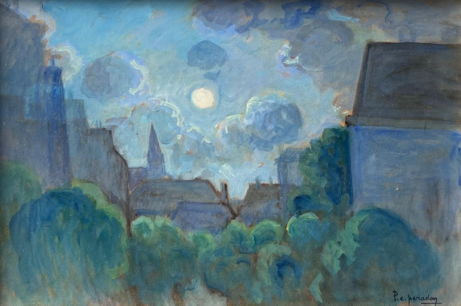 Pierre Edmond Peradon20th Century French Modernist Signed Oil Painting Moonlit French Town Rooftops photo furniture