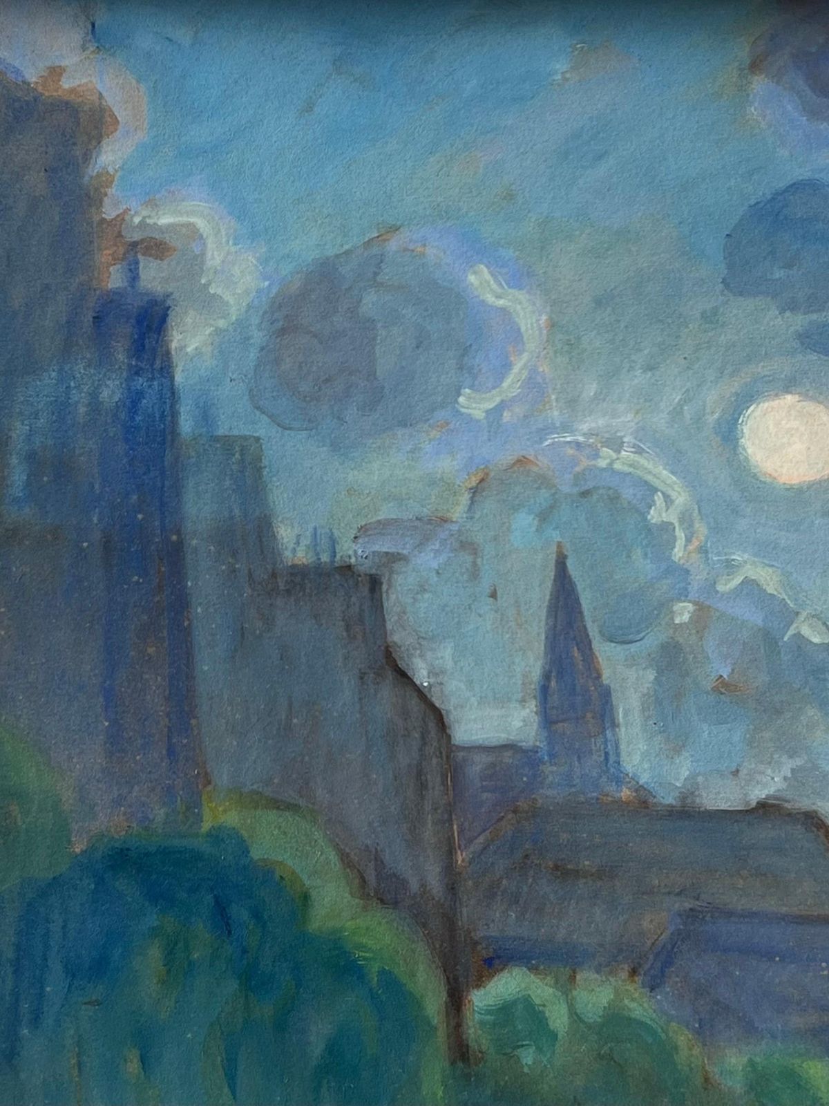 Pierre Edmond Peradon20th Century French Modernist Signed Oil Painting Moonlit French Town Rooftops photo for sale