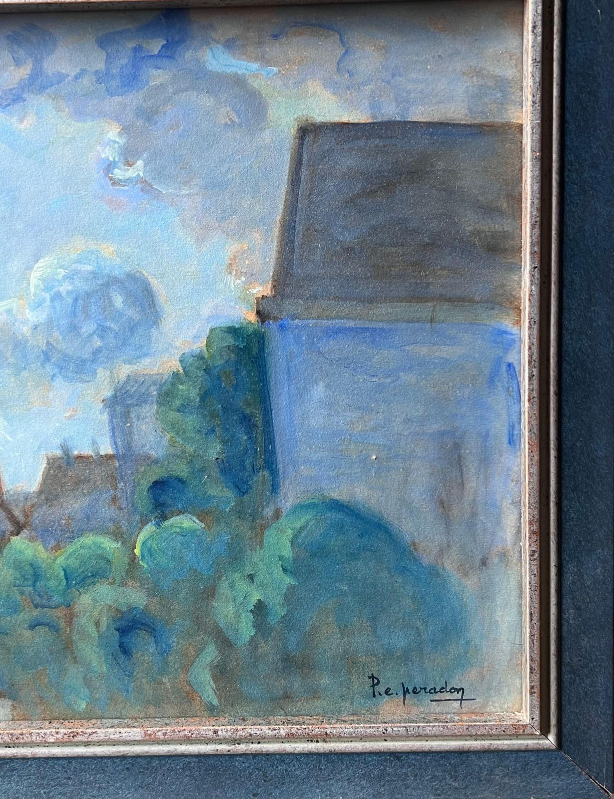 Pierre Edmond Peradon20th Century French Modernist Signed Oil Painting Moonlit French Town Rooftops photo 1730.0