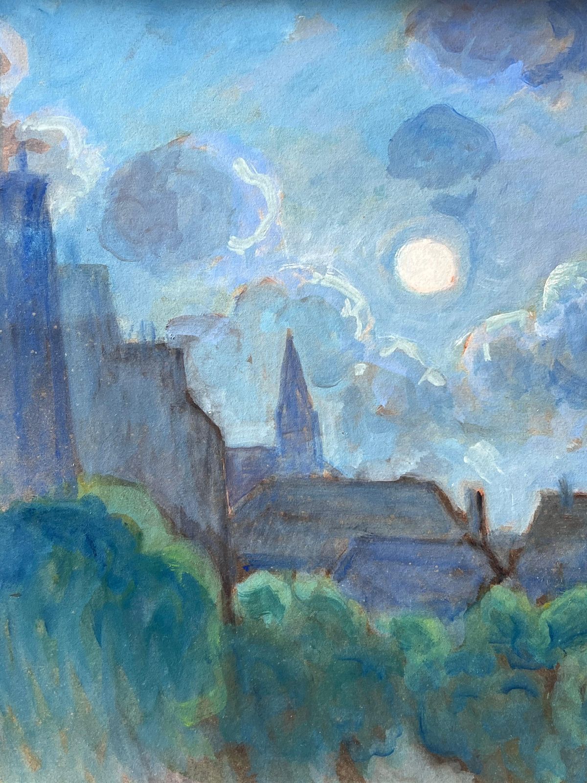 photo for sale Pierre Edmond Peradon20th Century French Modernist Signed Oil Painting Moonlit French Town Rooftops