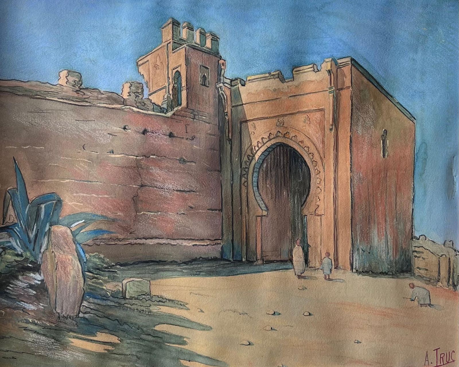 Antique Frenchantique French Orientalist Signed Painting North African City Gates & Figure photo furniture