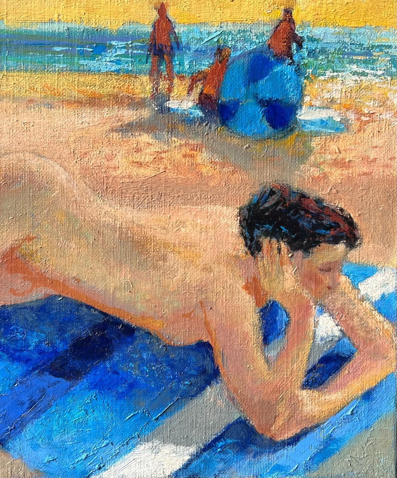Pierre Neveusigned French Contemporary Oil Painting Nude Woman Sunbathing On Beach photo vinterior