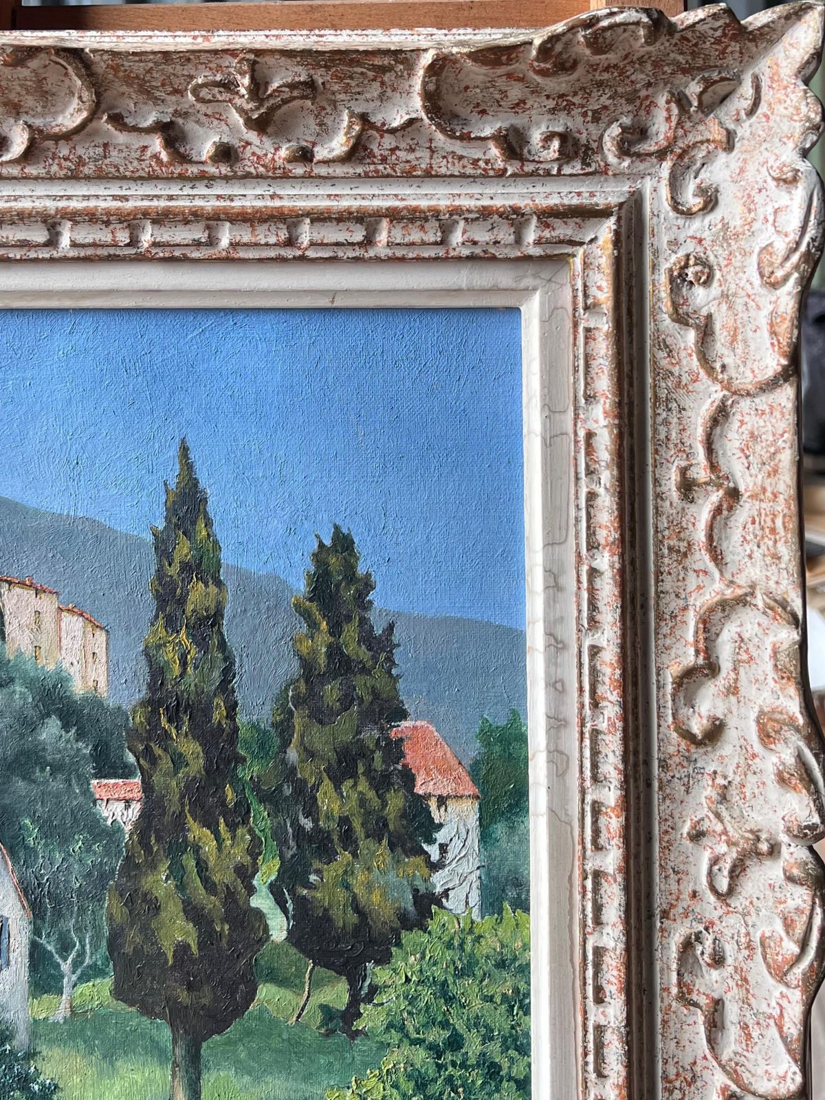 Louis Honore1950's French Provencal Hill Top Perched Village Figures Outside Cottage Signed1950's photo Art