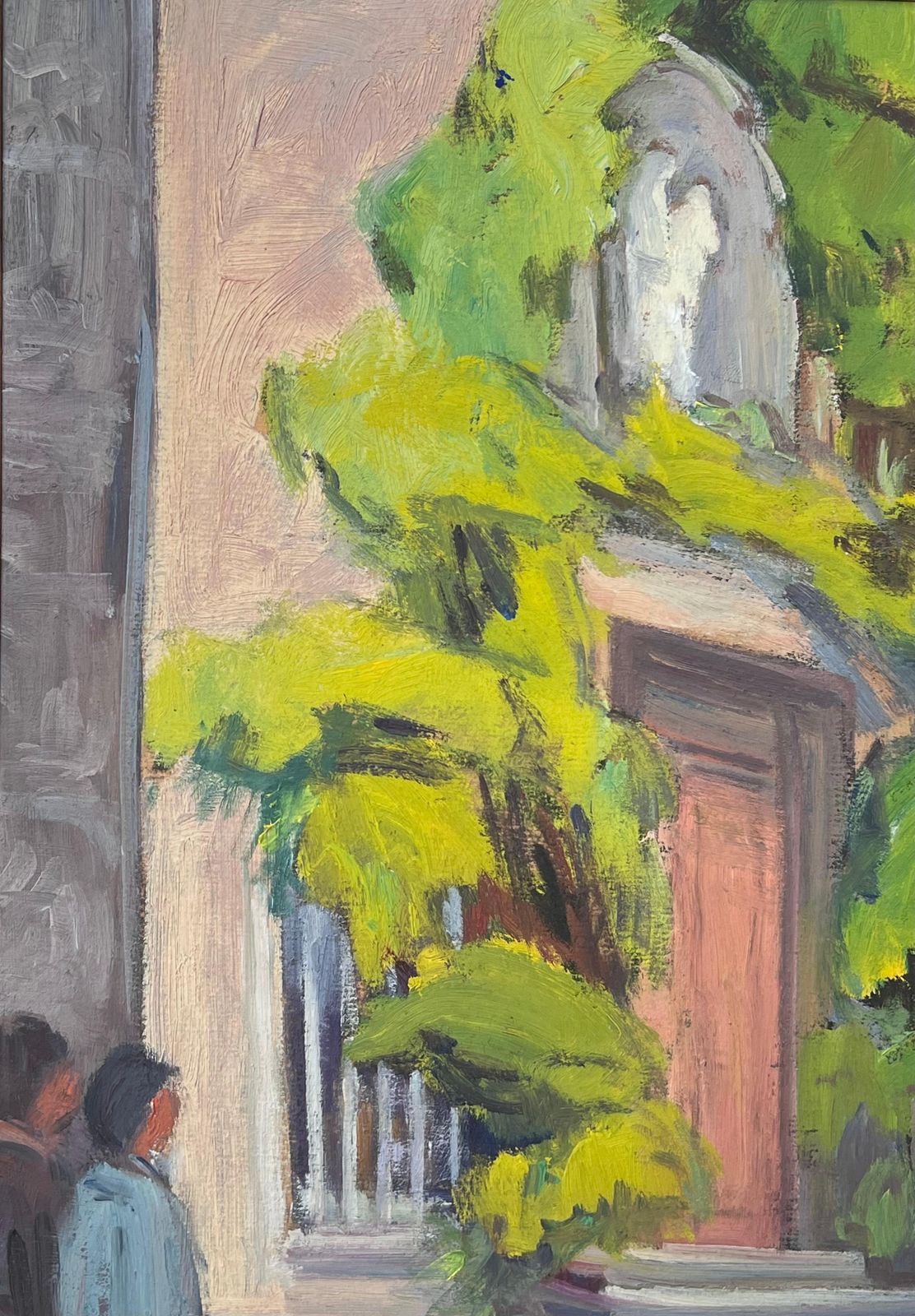 Mid Century French1950's French Signed Oil Painting Figures Outside Old Convent Doorway Lush Green1952 photo for sale