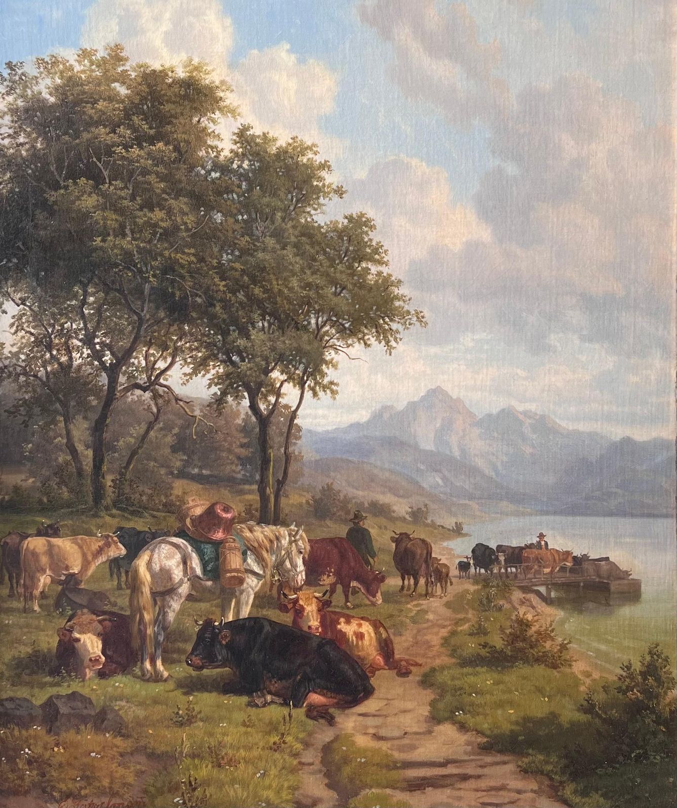 Eduard Gotzelmannfine 19th Century Large Austrian Signed Oil Painting Cattle & Horses Pastoral1887 photo Art