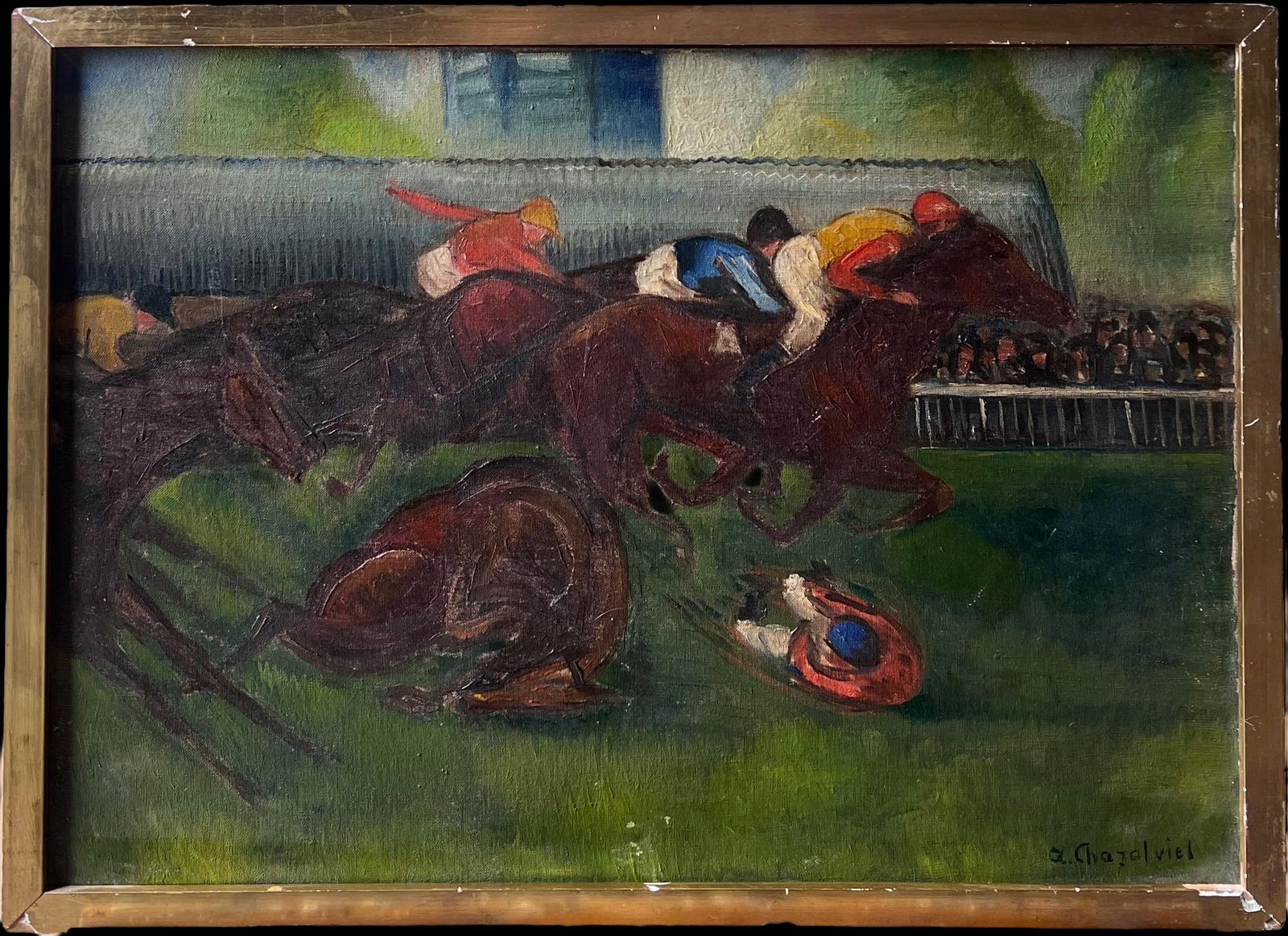 Antique French1930's French Expressionist Horse Racing Scene Jockeys At Full Pace Signed Oil photo furniture