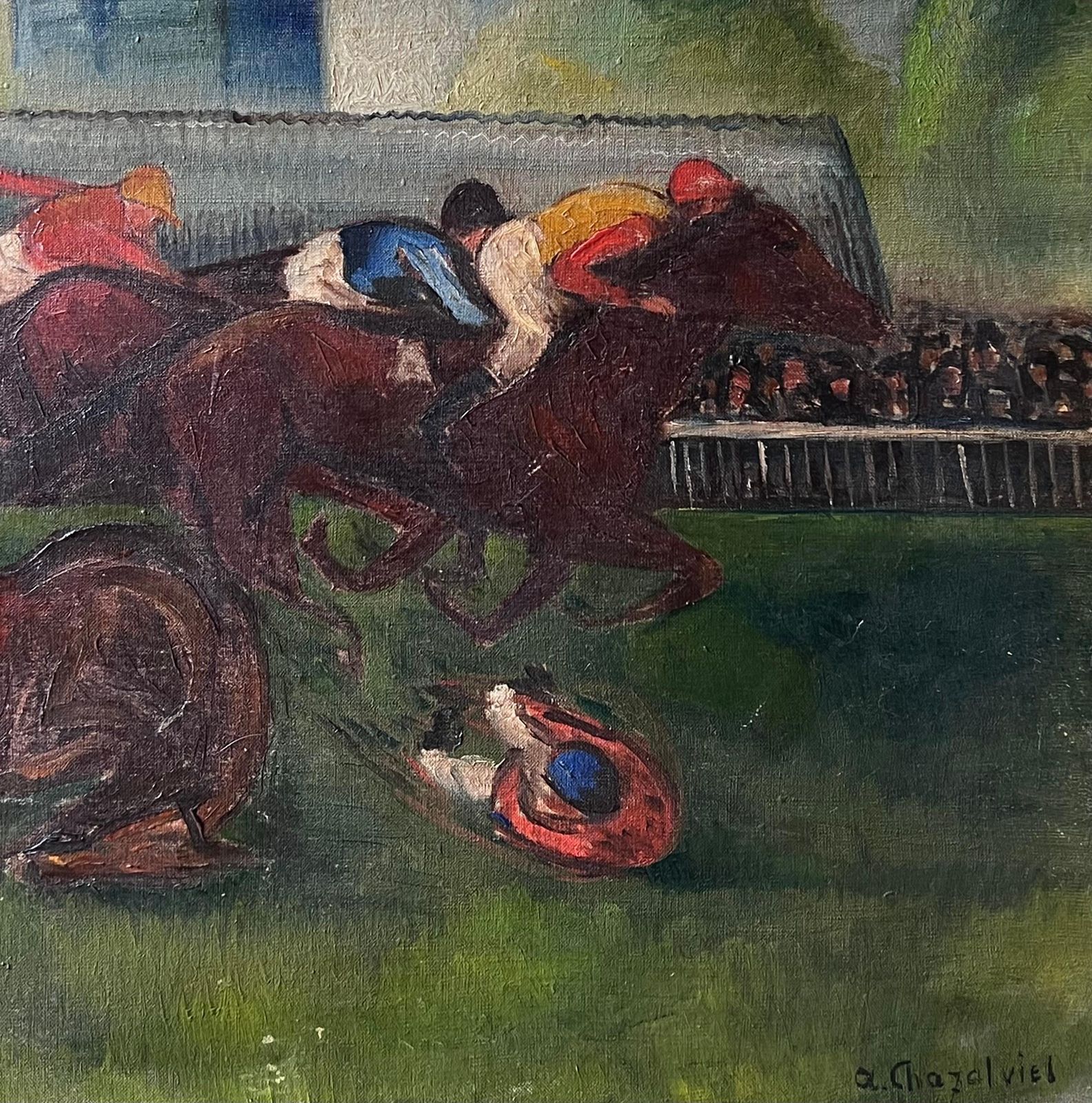Antique French1930's French Expressionist Horse Racing Scene Jockeys At Full Pace Signed Oil photo for sale