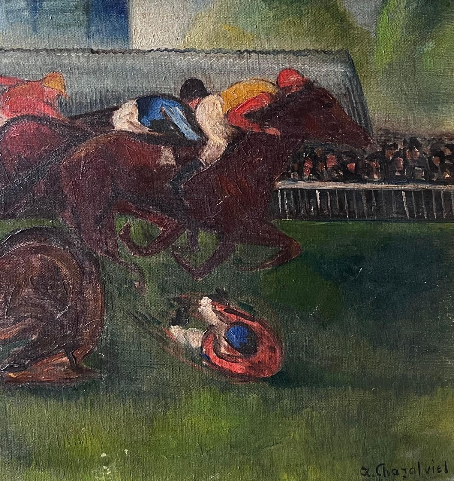 Antique French1930's French Expressionist Horse Racing Scene Jockeys At Full Pace Signed Oil photo Art