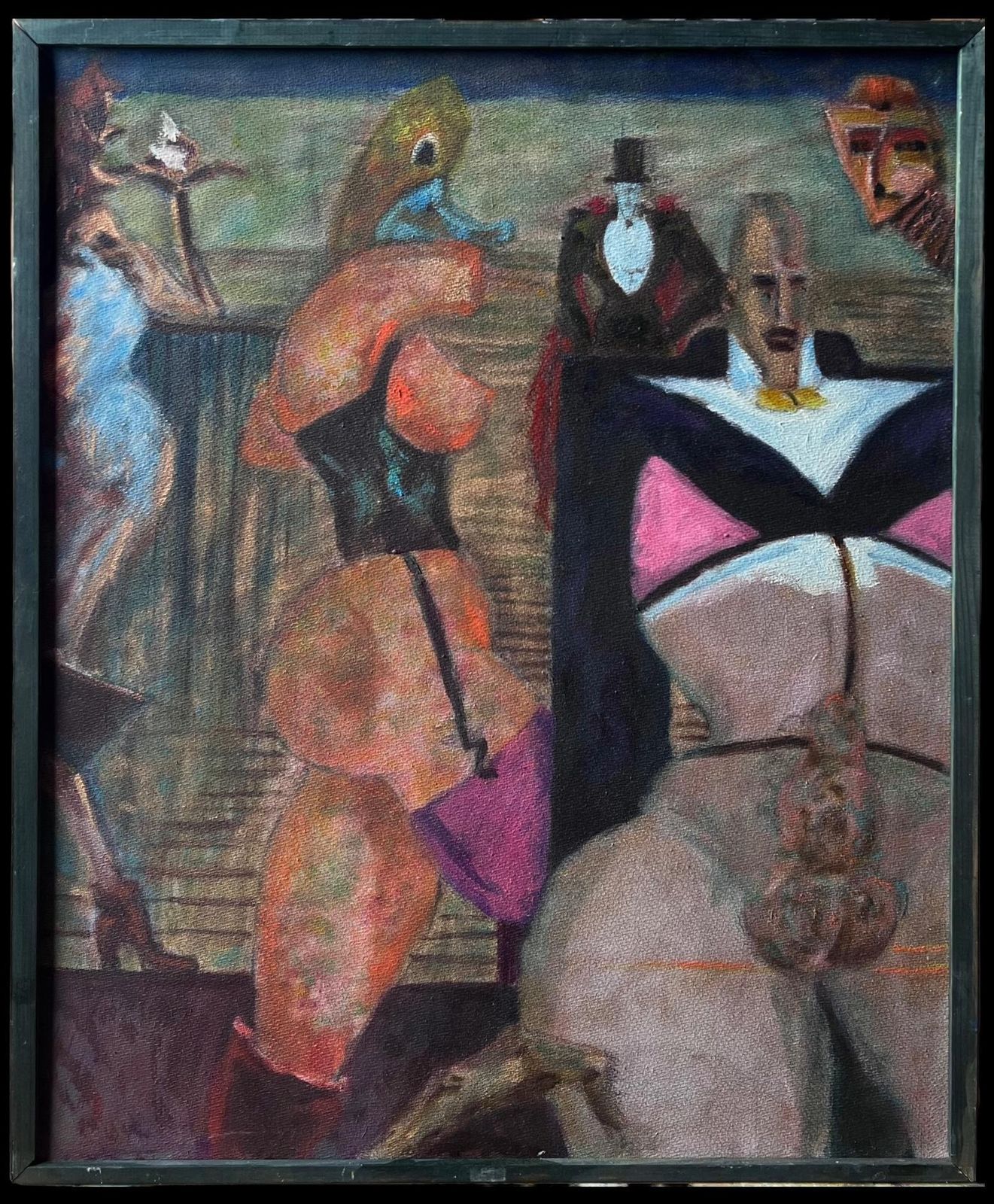 Mid Century French1950's French Surrealist Erotic Figurative Signed Oil Painting On Canvas