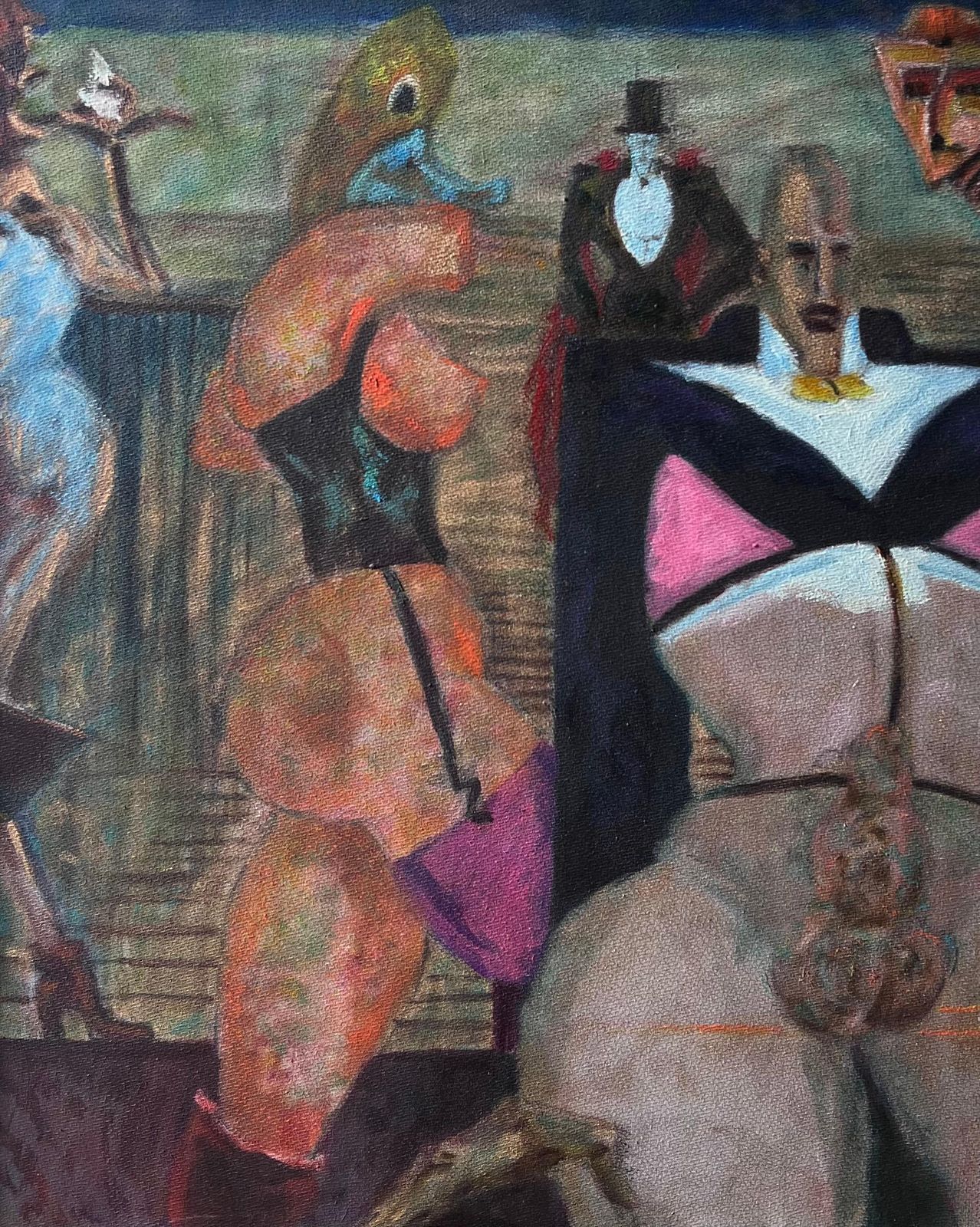 Mid Century French1950's French Surrealist Erotic Figurative Signed Oil Painting On Canvas photo for sale