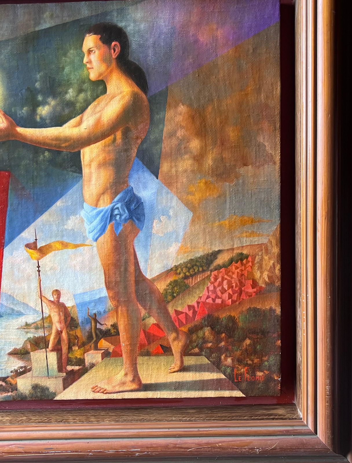 Frenchfrench Modernist Surrealist Signed Oil Painting Semi Nude Muscular Male Athelete photo Art