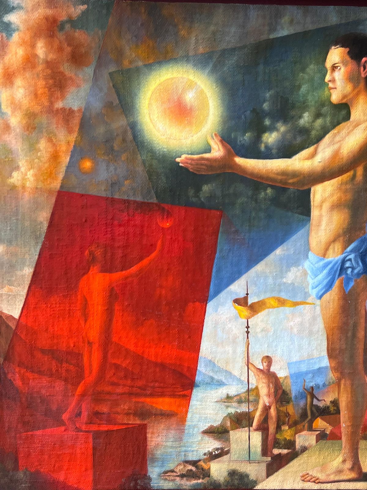 Frenchfrench Modernist Surrealist Signed Oil Painting Semi Nude Muscular Male Athelete photo buy