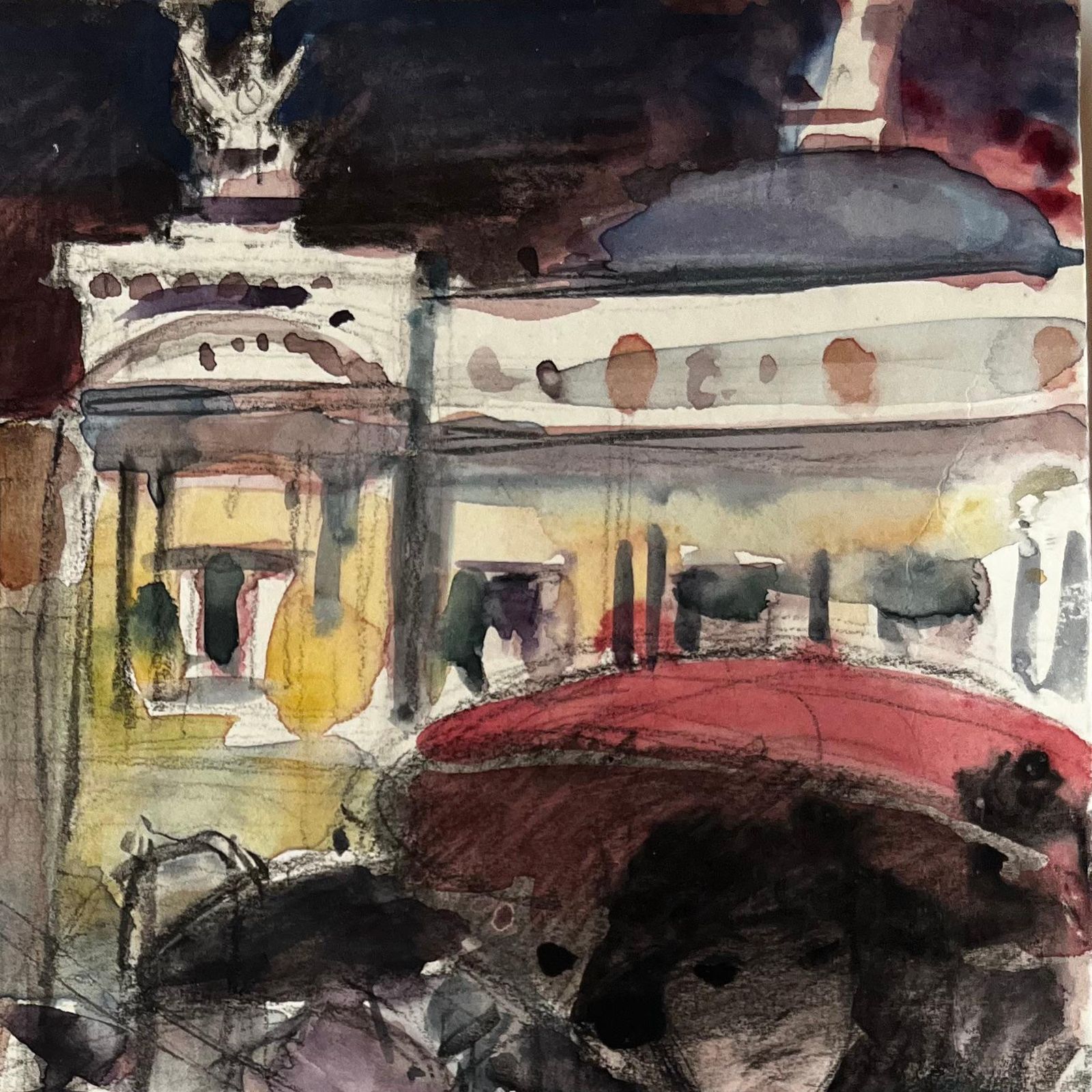 Pierre Neveuparis Street Watercolour Scene With Red Umbrella Attributed To Pierre Neveu photo for sale