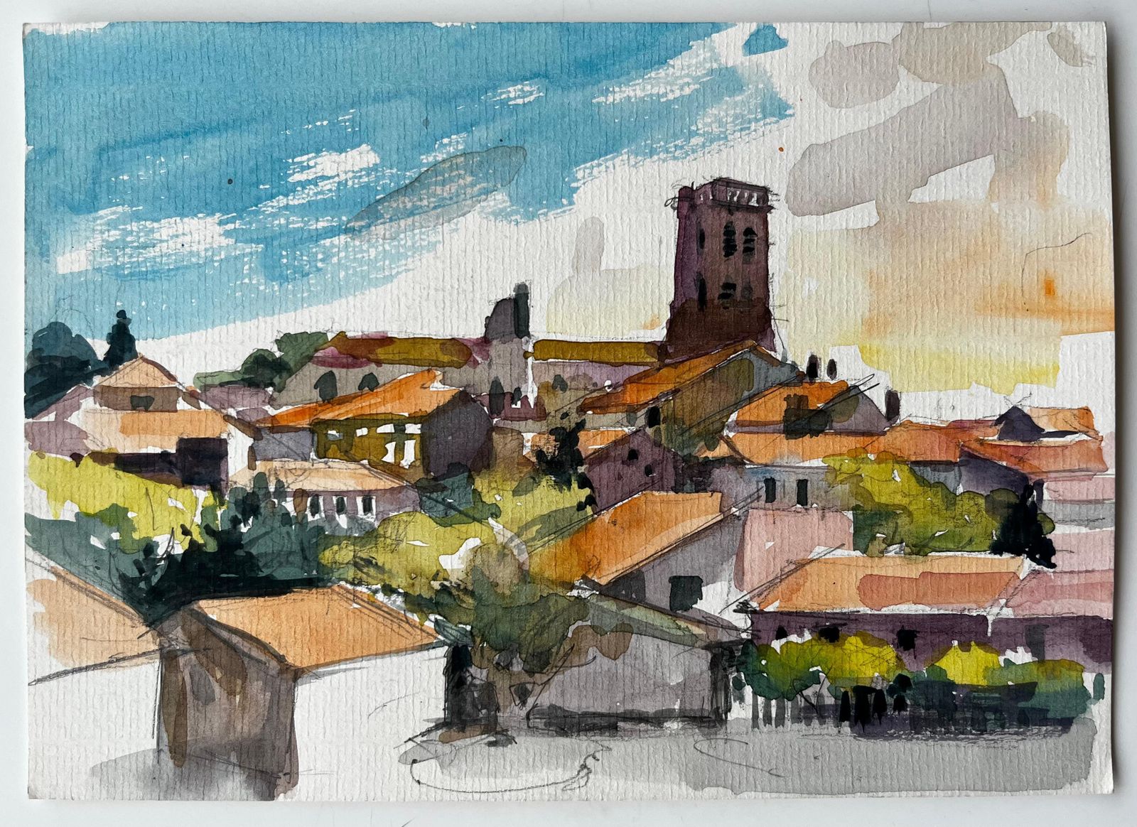Pierre Neveuhilltop Village With Church Tower And Red Tiled Roofs Provence Watercolour photo for sale