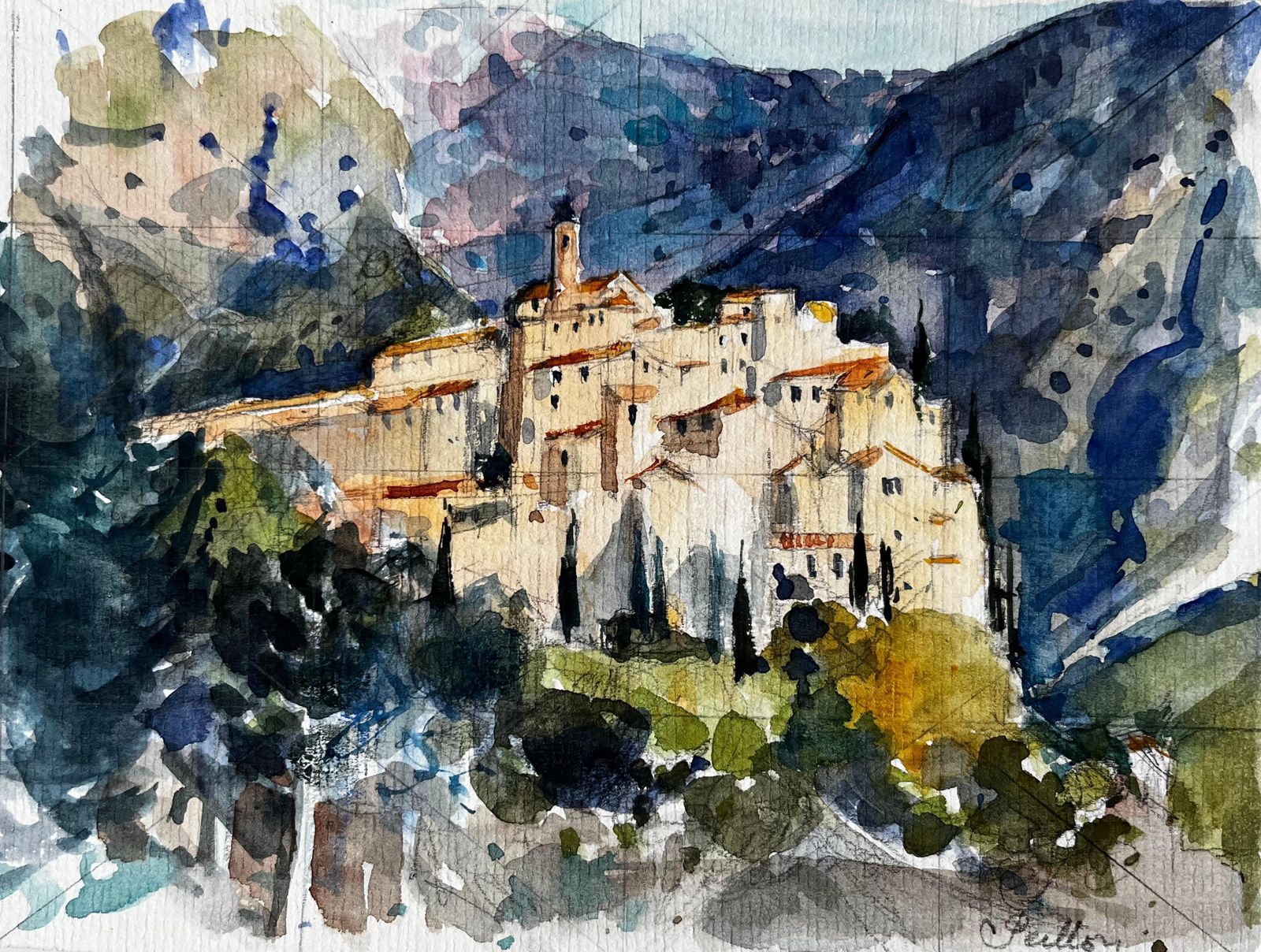 Pierre Neveuhilltop Village Of Peillon In The Alpes Maritimes Provence French Watercolour