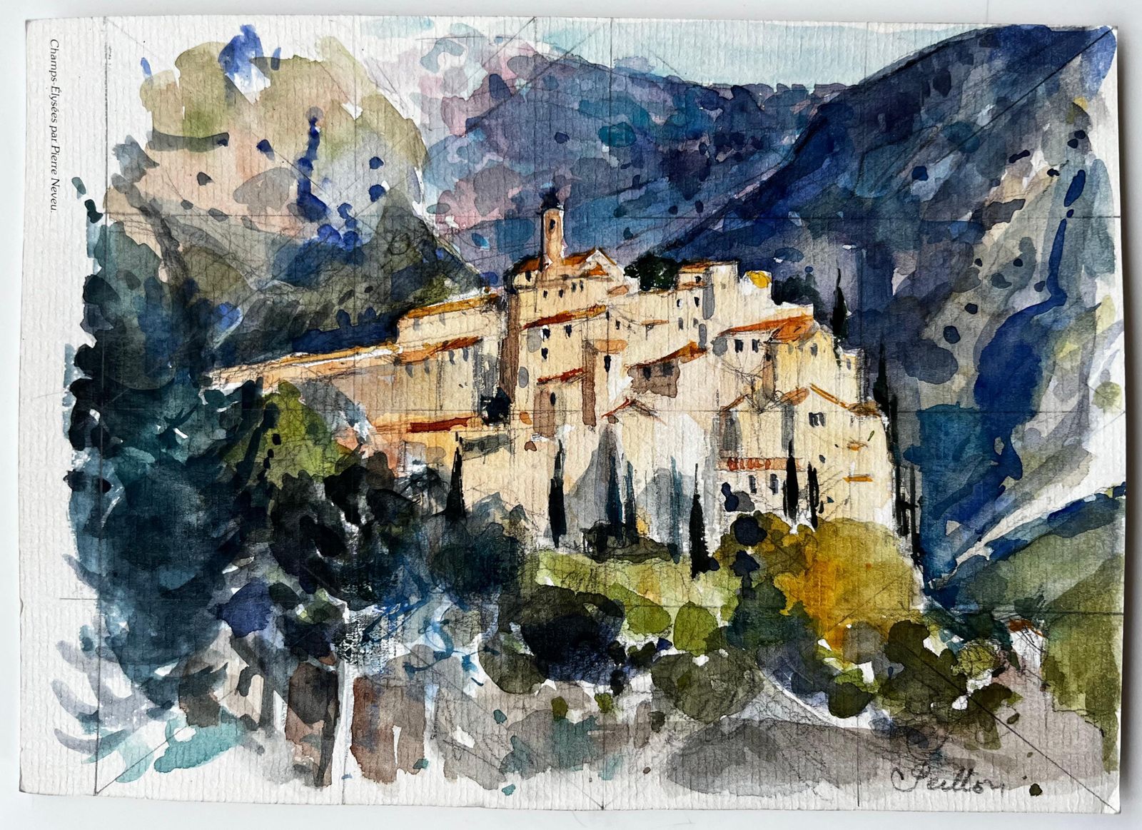 Pierre Neveuhilltop Village Of Peillon In The Alpes Maritimes Provence French Watercolour photo furniture