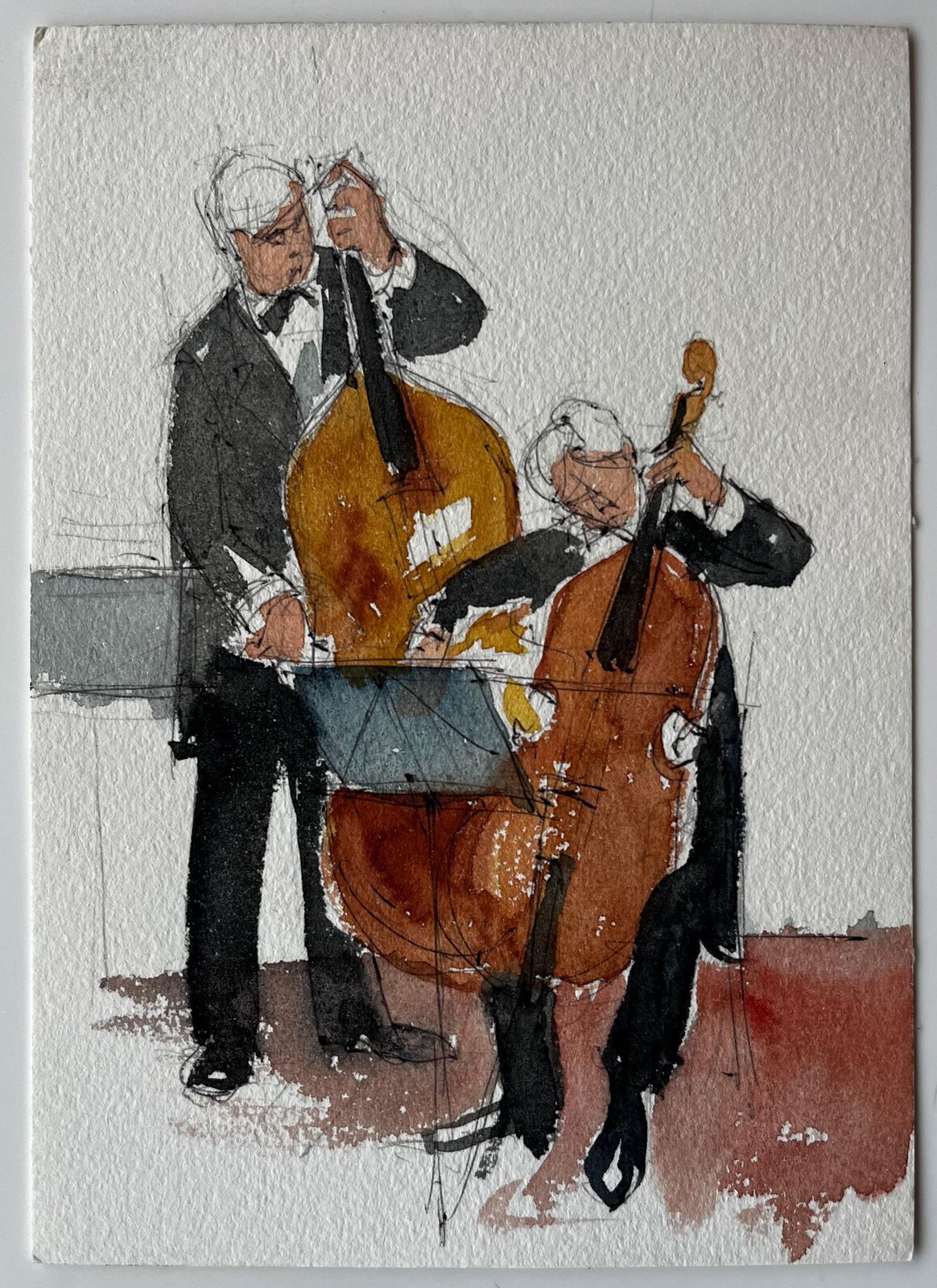 Pierre Neveudouble Bass And Cello Duet Musicians Performing Watercolour Painting photo furniture