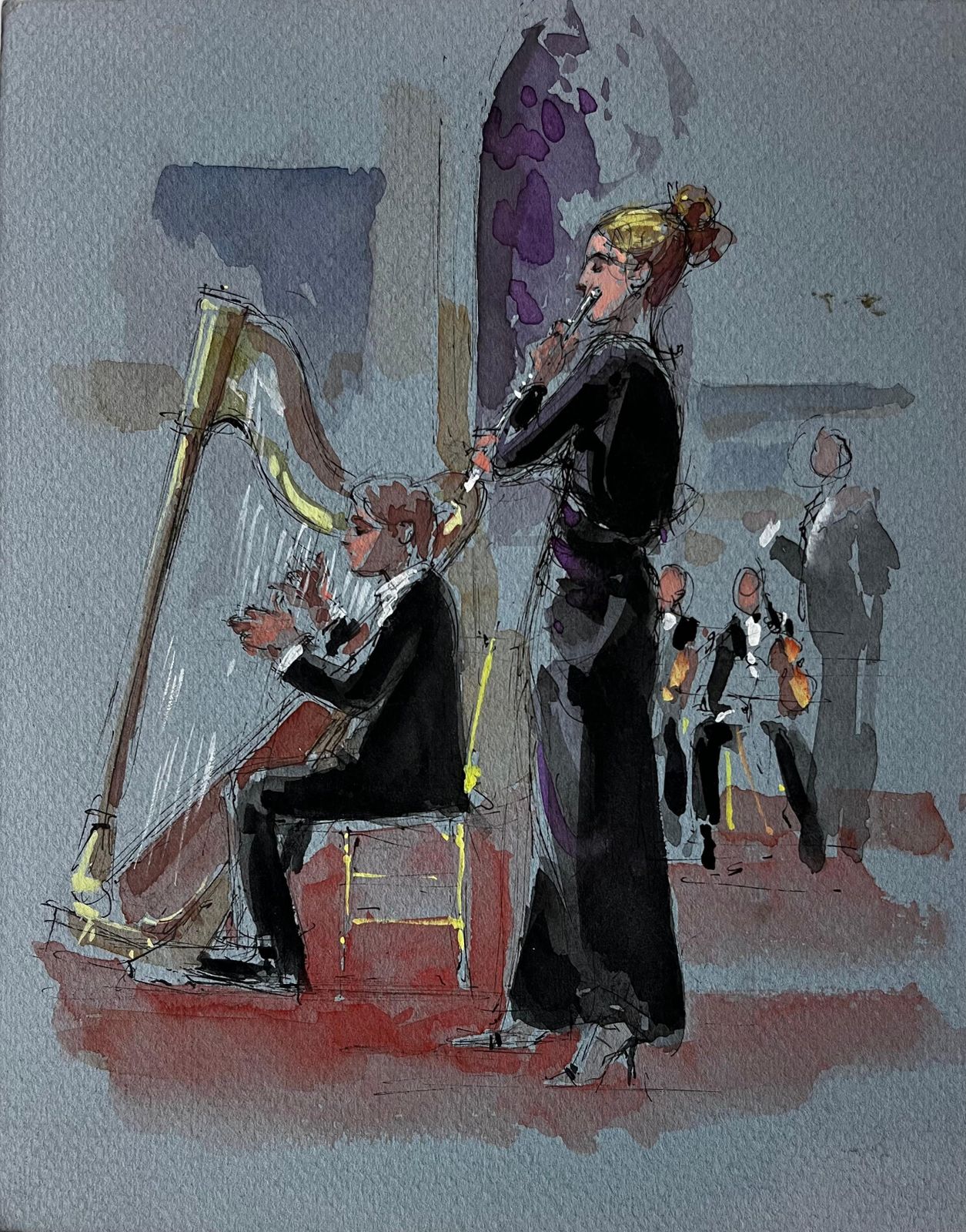 Pierre Neveuharpist And Flautist Performing By Pierre Neveu French Watercolour Music Scene