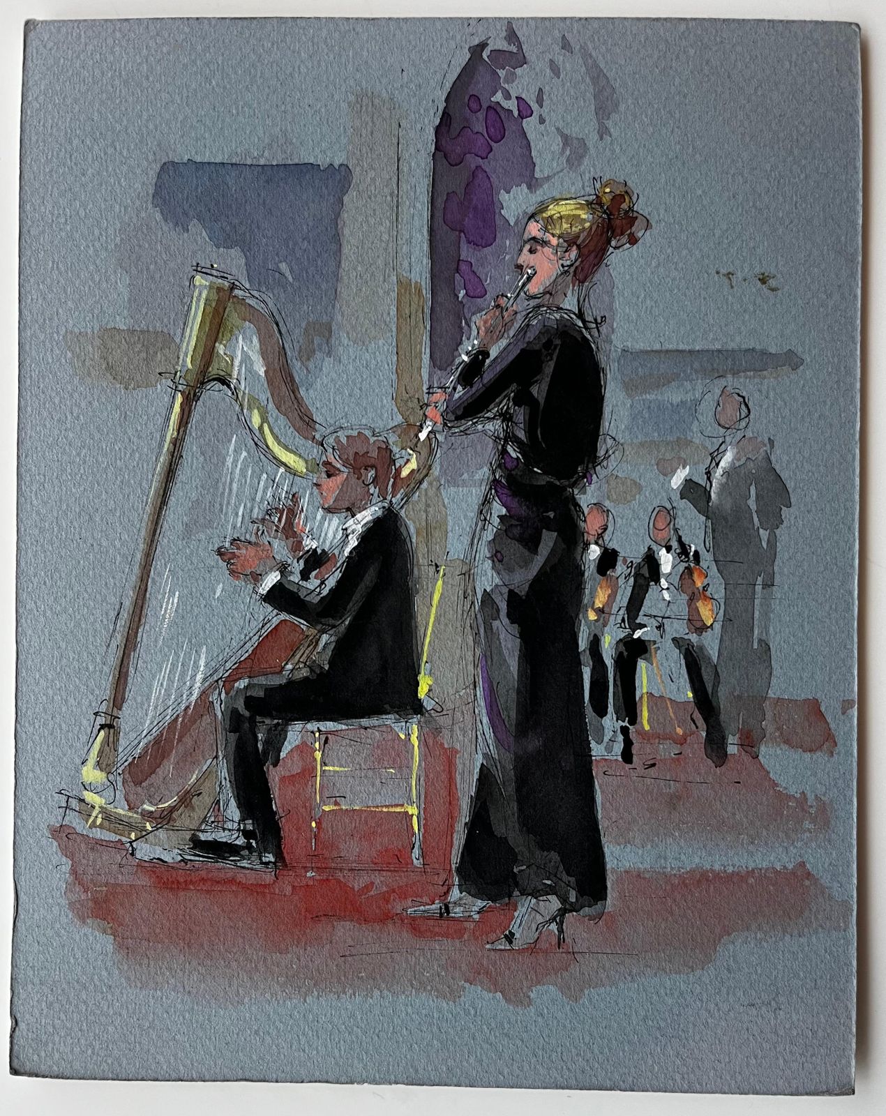 Pierre Neveuharpist And Flautist Performing By Pierre Neveu French Watercolour Music Scene photo furniture
