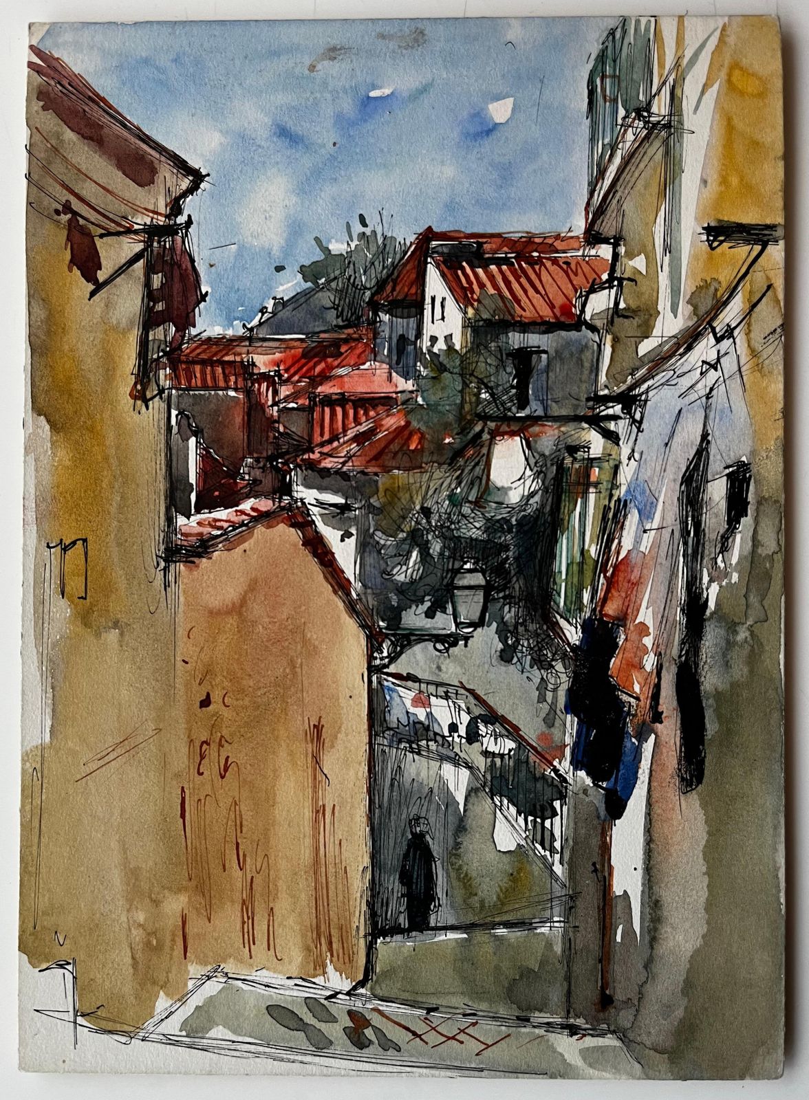 Pierre Neveusunlit Mediterranean Alleyway With Red Roofs Watercolour By Pierre Neveu photo furniture