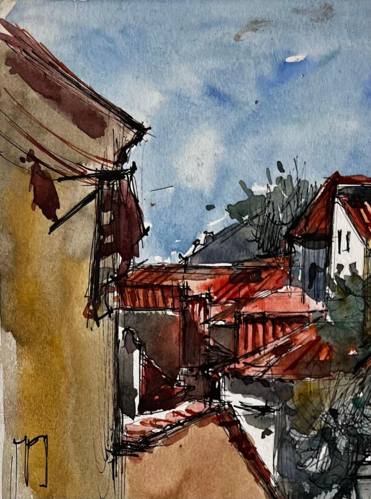 Pierre Neveusunlit Mediterranean Alleyway With Red Roofs Watercolour By Pierre Neveu photo Art