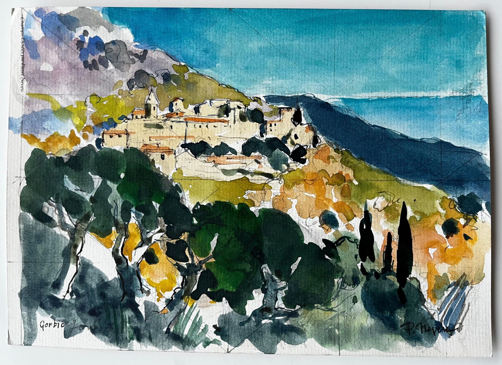 Pierre Neveugorbio Hilltop Village With Cypress Trees And Mediterranean Light Watercolour photo furniture