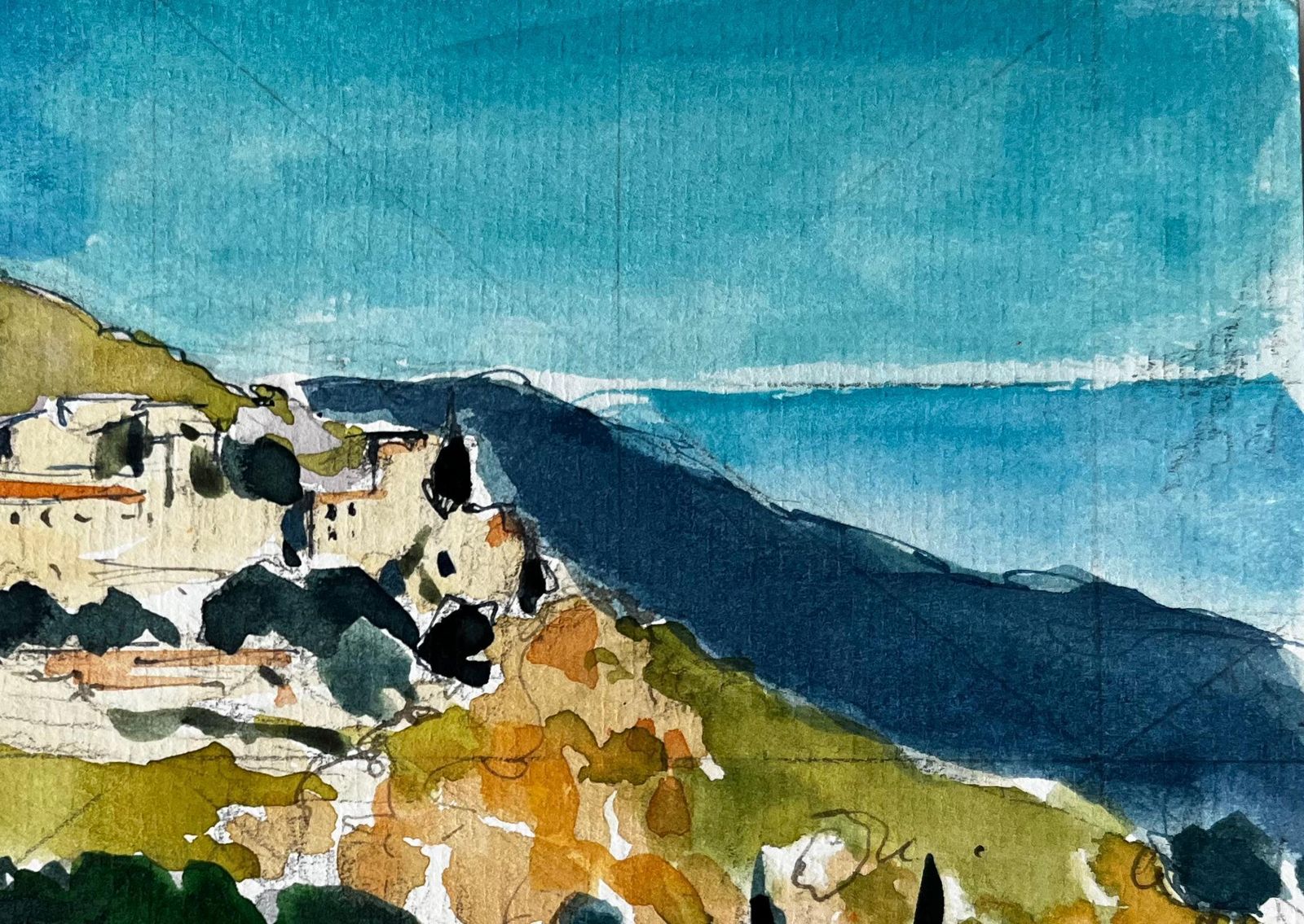 Pierre Neveugorbio Hilltop Village With Cypress Trees And Mediterranean Light Watercolour photo Art