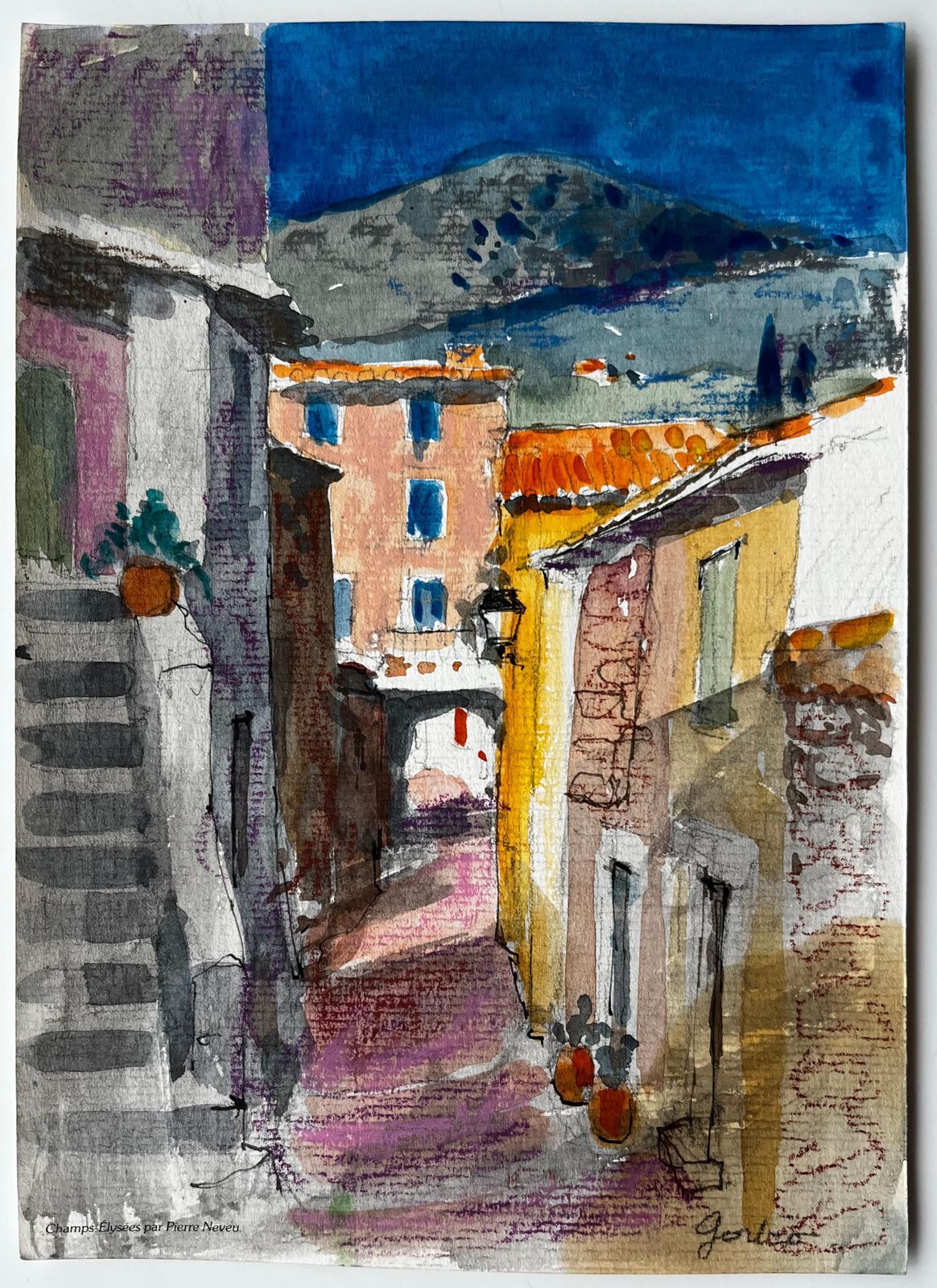 Pierre Neveusunlit Street In Gordes With Terracotta Roofs And Distant Hills Watercolour photo furniture