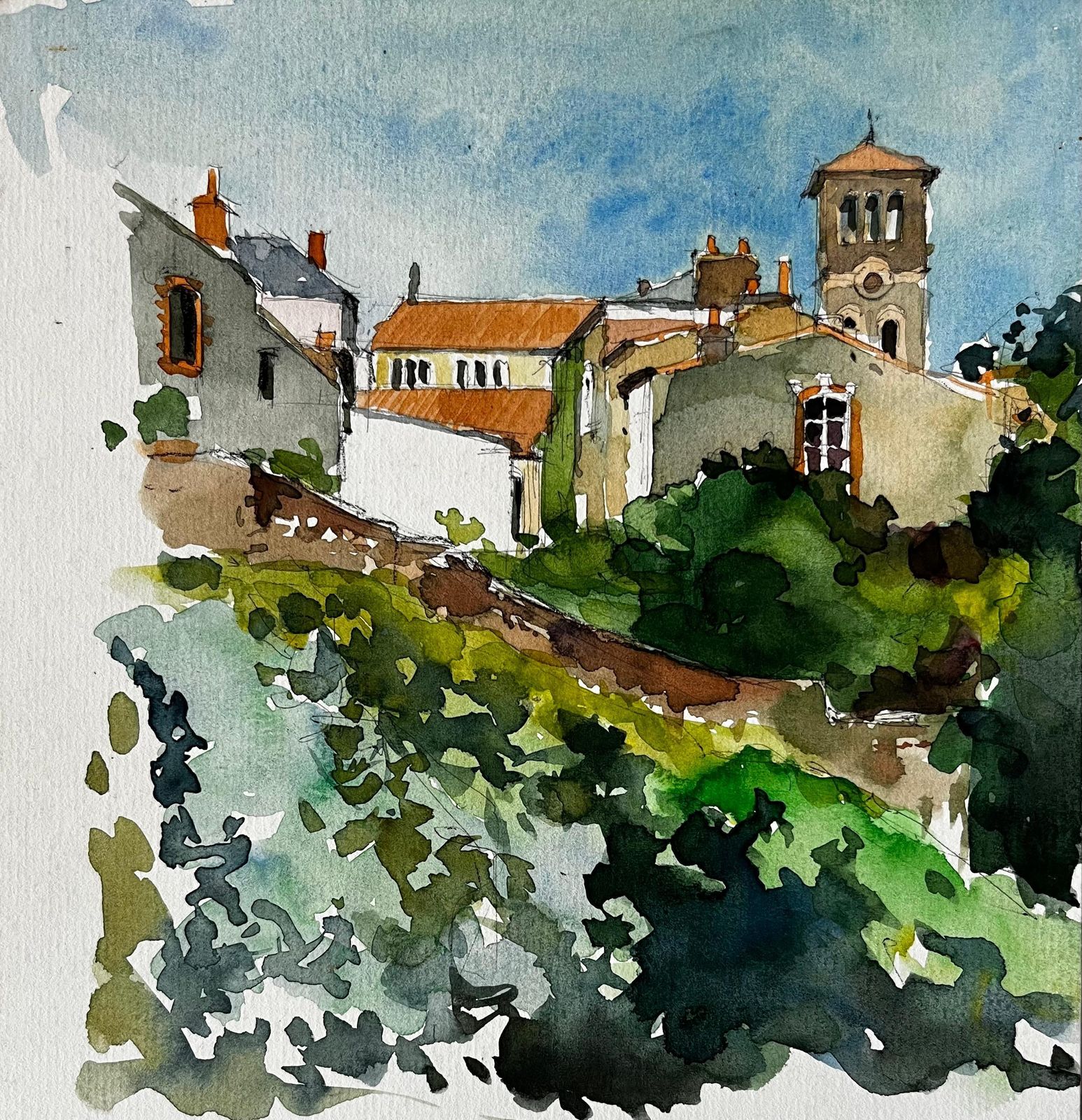 Pierre Neveufrench Hilltop Village And Church By Pierre Neveu Signed Watercolour Landscape