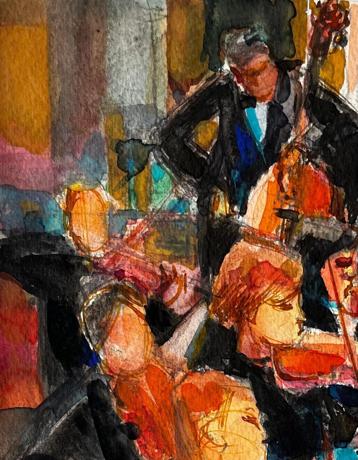 Pierre Neveuorchestra In Performance By Pierre Neveu French Watercolour Musician Scene photo for sale