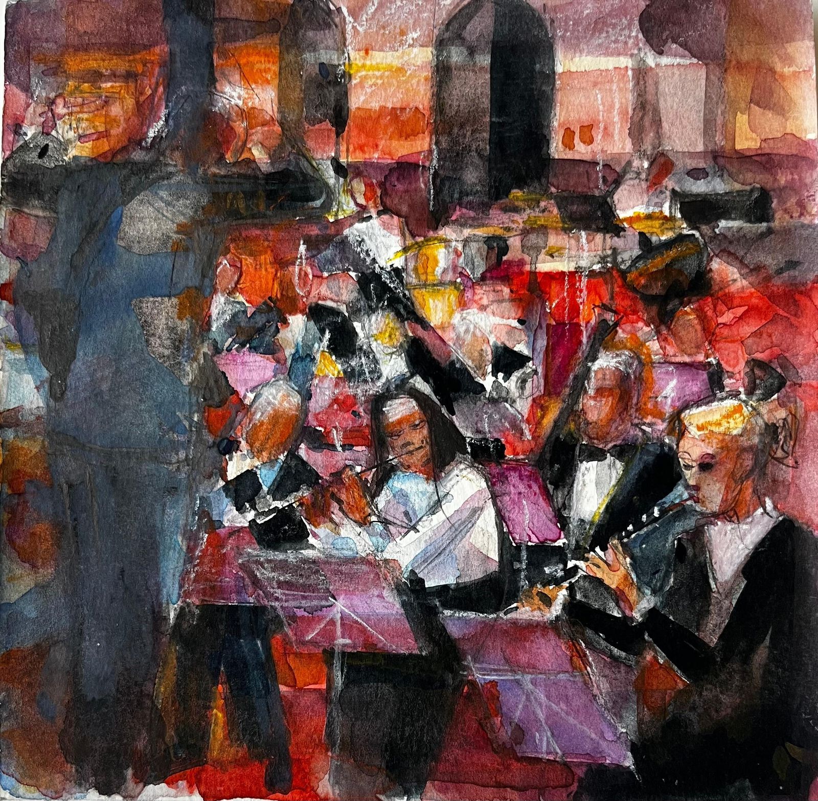 Pierre Neveuvibrant Orchestra Performance Scene By Pierre Neveu French Watercolour Painting