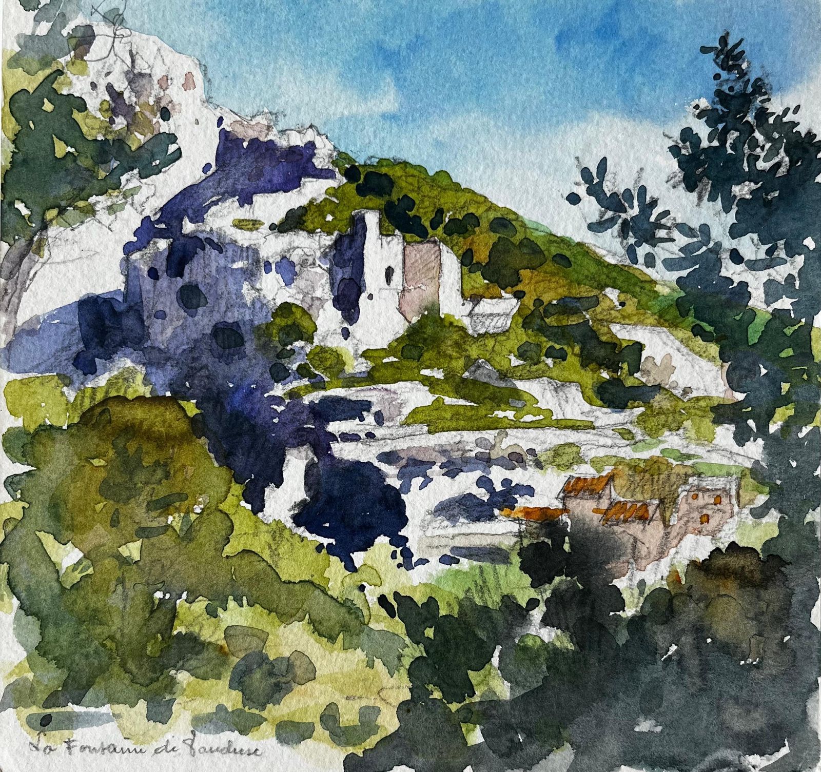 Pierre Neveula Fontaine De Vaucluse Hillside Village French Landscape Watercolour Painting