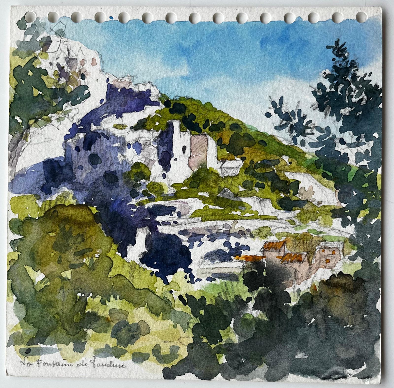 Pierre Neveula Fontaine De Vaucluse Hillside Village French Landscape Watercolour Painting photo furniture
