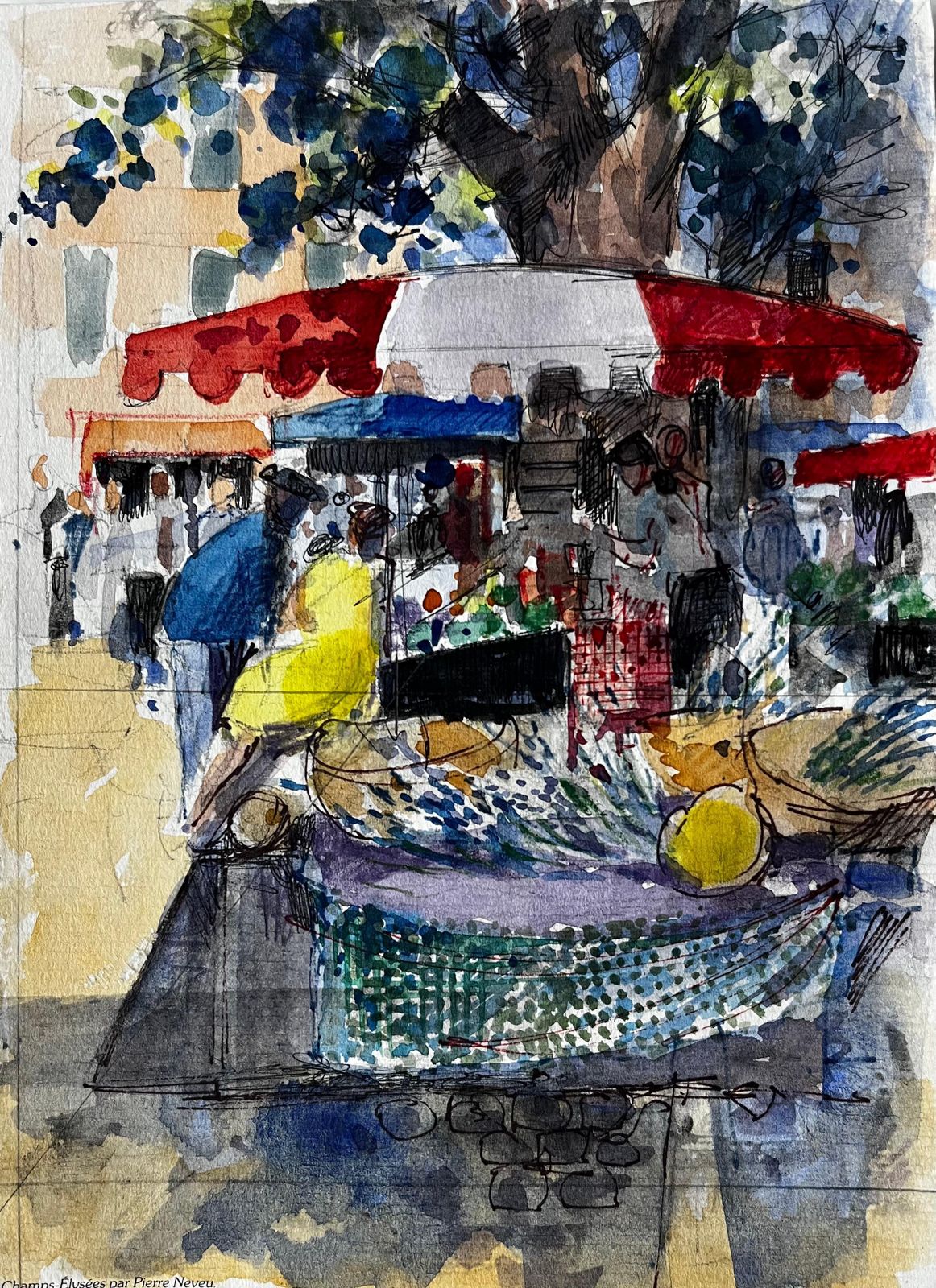 Pierre Neveuprovençal Market Watercolour Scene With Red Awnings And Figures In Summer Light