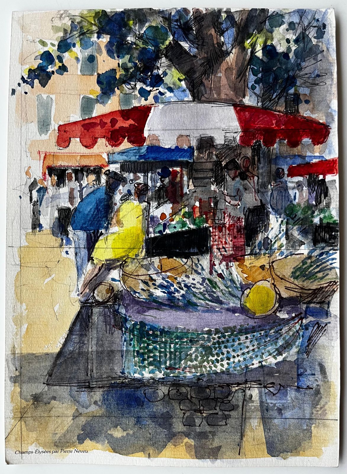 Pierre Neveuprovençal Market Watercolour Scene With Red Awnings And Figures In Summer Light photo furniture