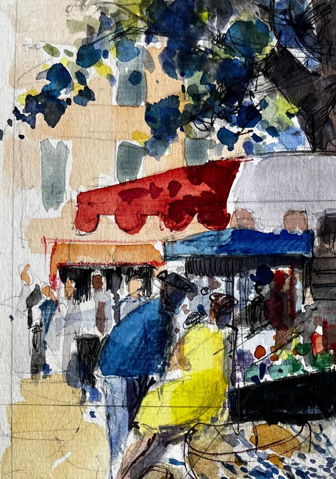 Pierre Neveuprovençal Market Watercolour Scene With Red Awnings And Figures In Summer Light photo Art