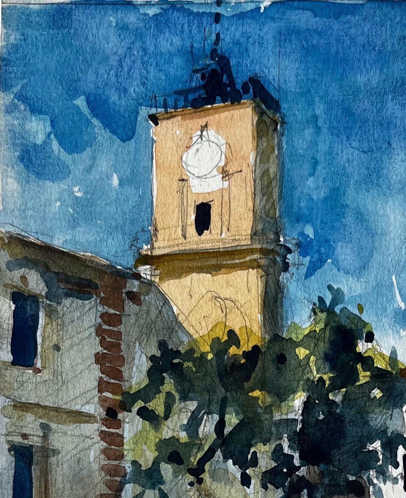 Pierre Neveuaix En Provence Town Square With Clock Tower And Market Umbrellas Watercolour photo 480.0