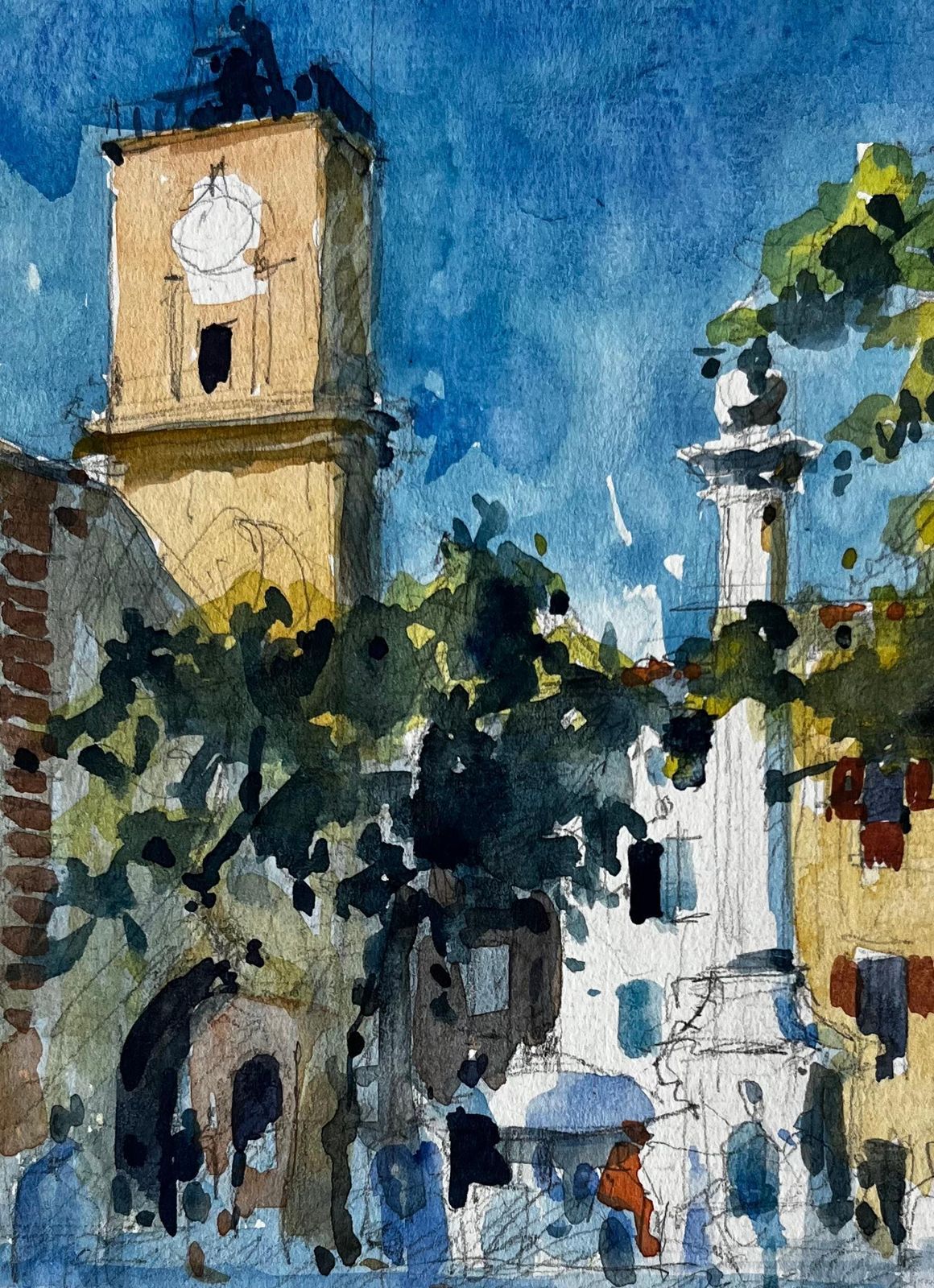 Pierre Neveuaix En Provence Town Square With Clock Tower And Market Umbrellas Watercolour photo buy