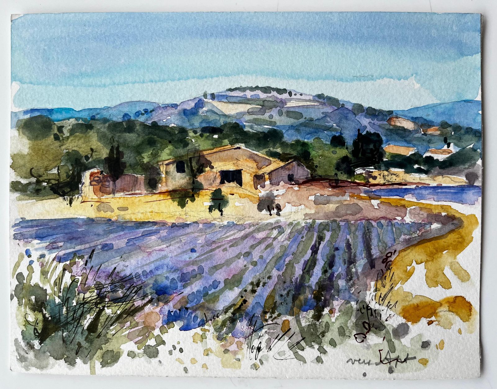 Pierre Neveuprovence Lavender Fields With Stone Farmhouse And Hills French Watercolour photo furniture