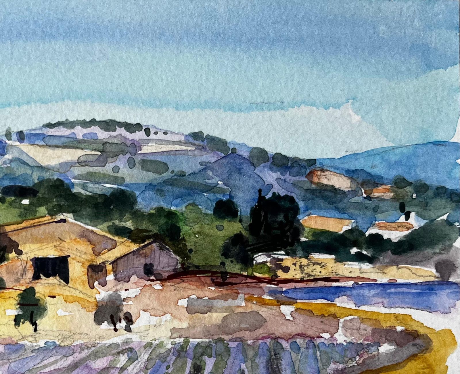 Pierre Neveuprovence Lavender Fields With Stone Farmhouse And Hills French Watercolour photo for sale