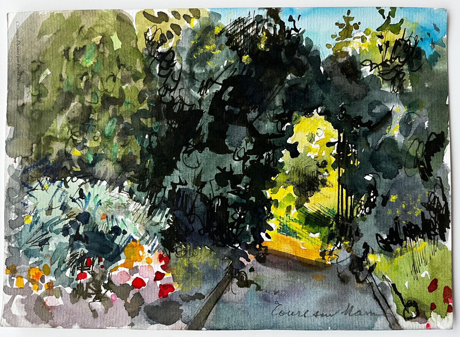 Pierre Neveusunlit Woodland Path With Flowers French Watercolour photo furniture