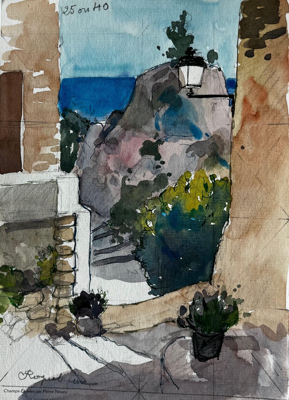 Pierre Neveuroquebrune Cap Martin Mediterranean Alleyway View French Riviera Watercolour