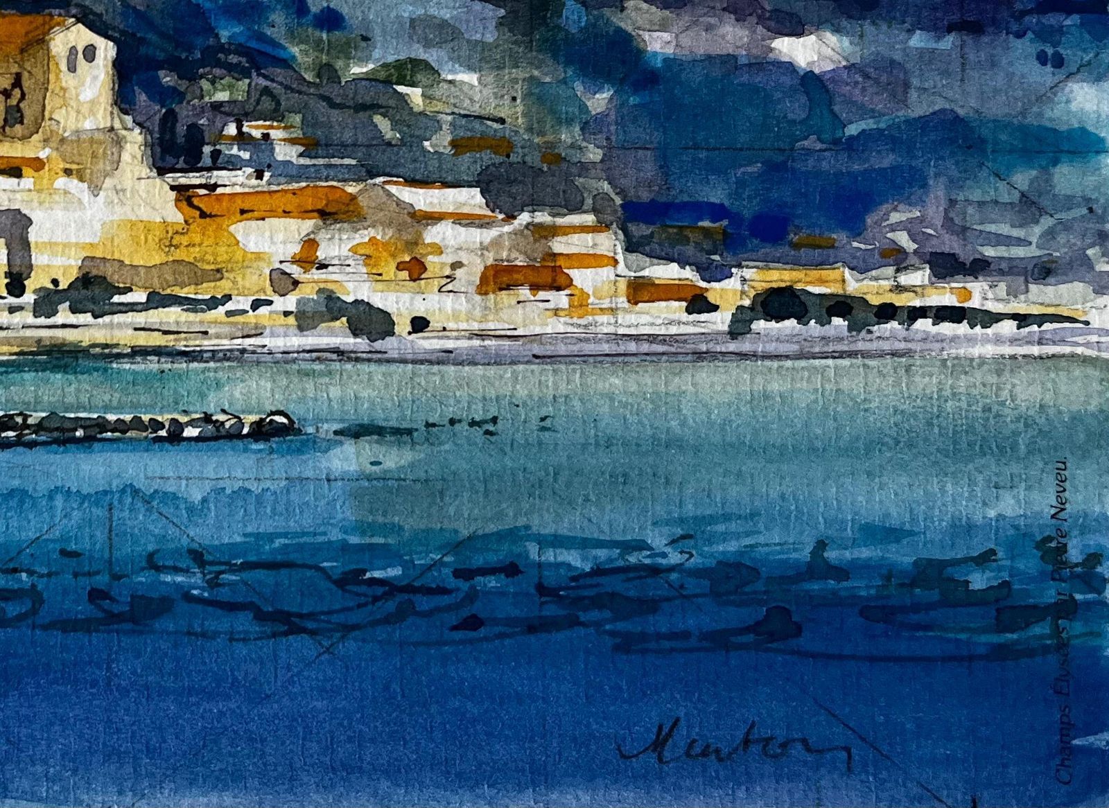 Pierre Neveumenton Coastal Townscape With Church Tower And Mediterranean Sea Watercolour photo vinterior