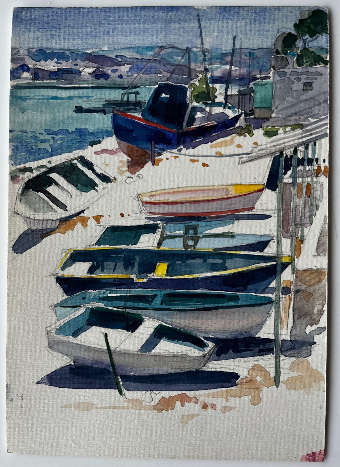 Pierre Neveubeached Fishing Boats On Mediterranean Shore Coastal Watercolour By Pierre Neveu photo furniture
