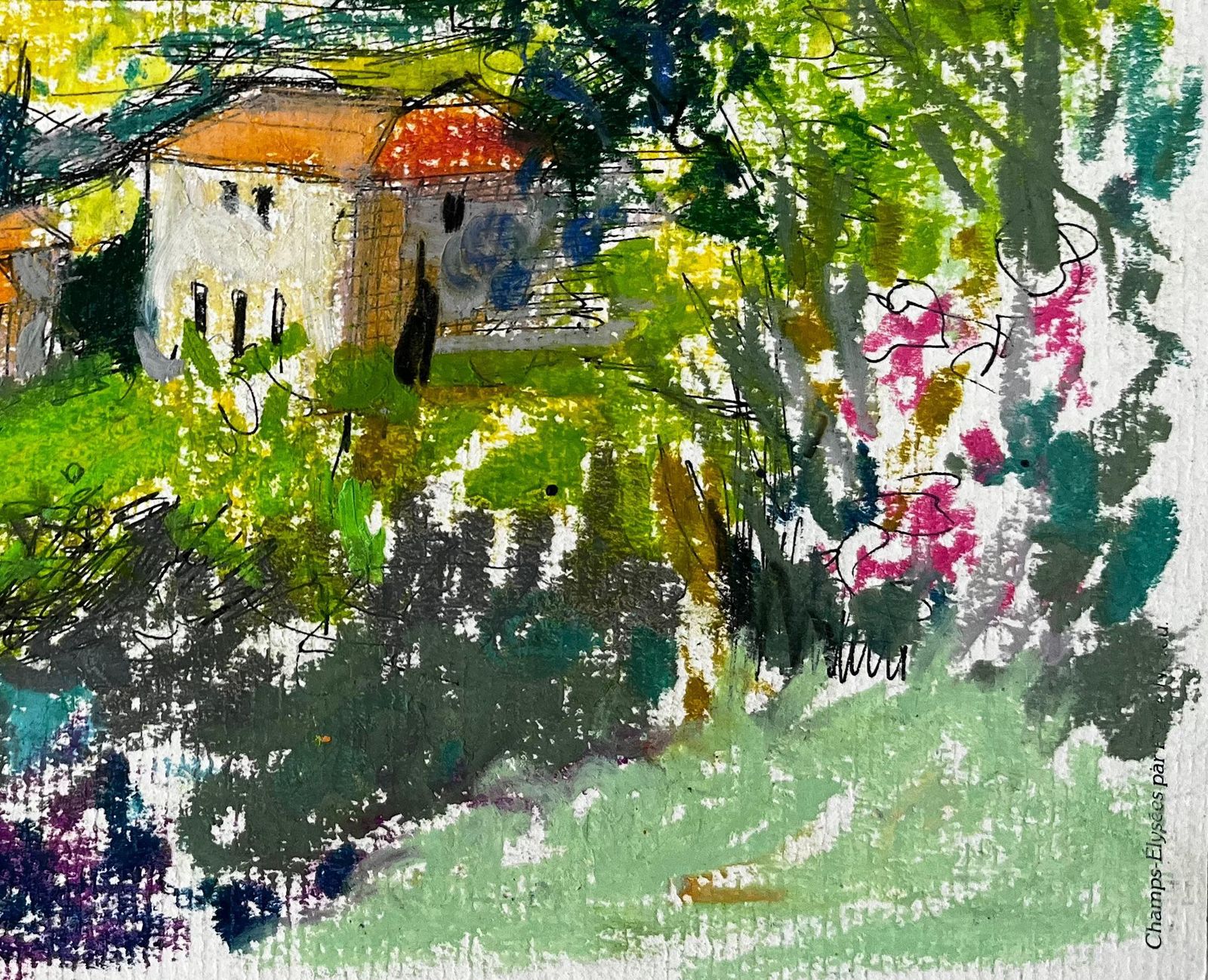Pierre Neveuprovençal Village Landscape With Red Roofs And Cypress Trees Pastel Drawing photo for sale