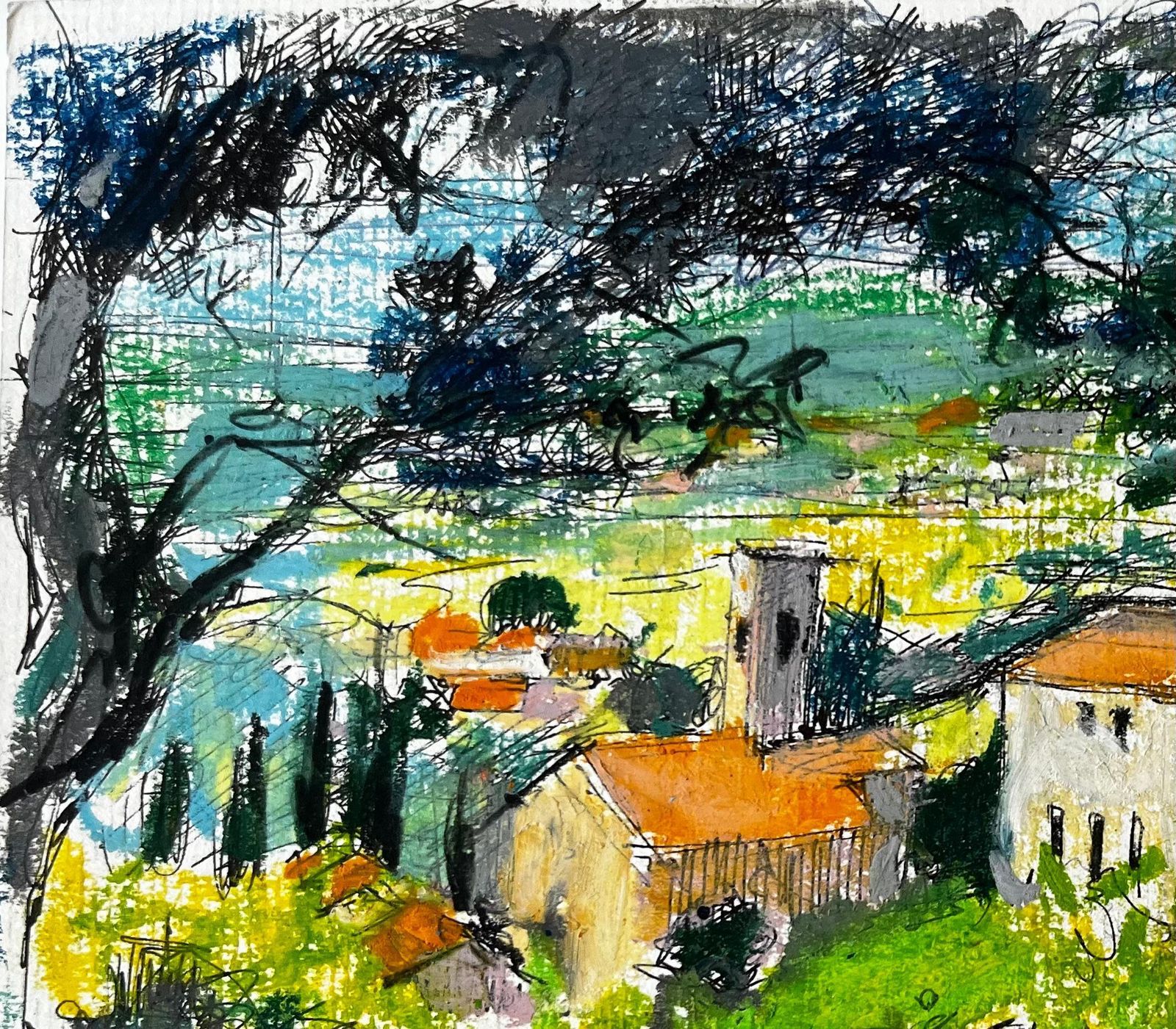 Pierre Neveuprovençal Village Landscape With Red Roofs And Cypress Trees Pastel Drawing photo 565.0