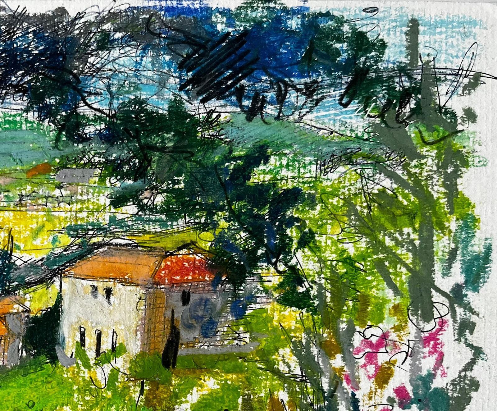 Pierre Neveuprovençal Village Landscape With Red Roofs And Cypress Trees Pastel Drawing photo vinterior