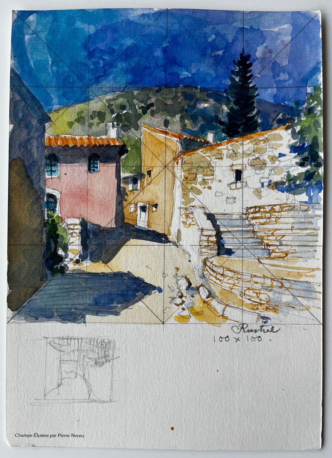 Pierre Neveurustrel Village Street With Stone Steps And Colourful Houses French Watercolour photo for sale